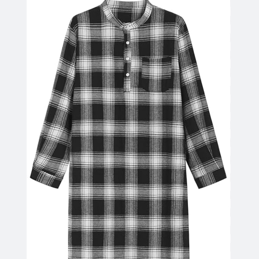 Ekouaer Mens Long Henley Nightshirt in Black Plaid 🆕